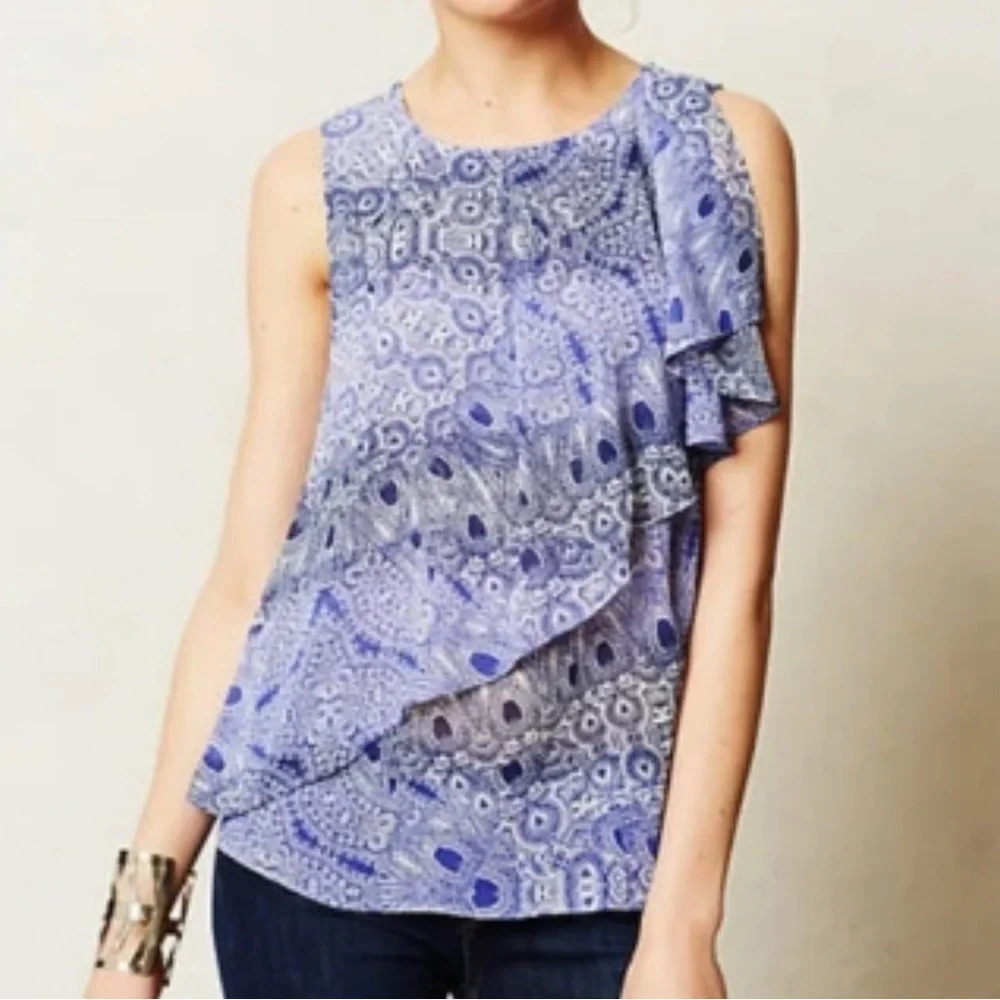 Anthropologie HD in Paris Sun Garden Blue Paisley Print Ruffle Blouse Size 6